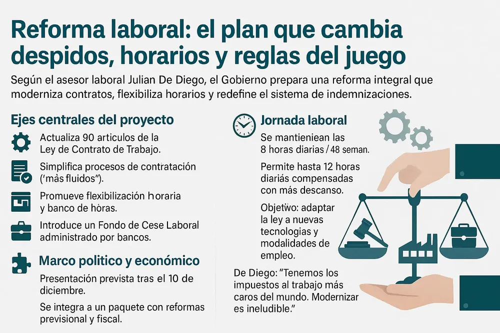 Bajada El asesor laboral Julián de Diego adelantó que la nueva reforma laboral incluirá cerca de 90 artículos y modifica