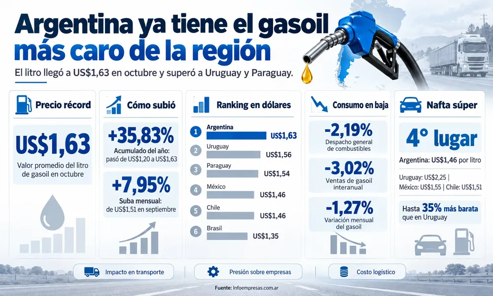 Argentina lidera el precio del gasoil en la región