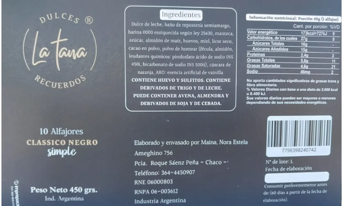 Alfajores la tana - información nutricional