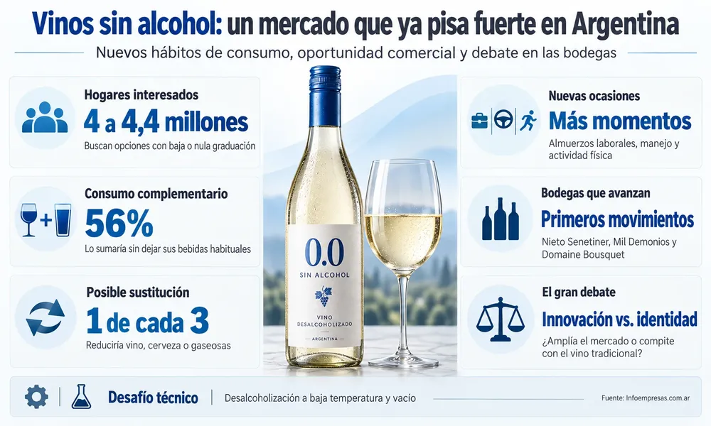 Infografía sobre vinos sin alcohol en Argentina